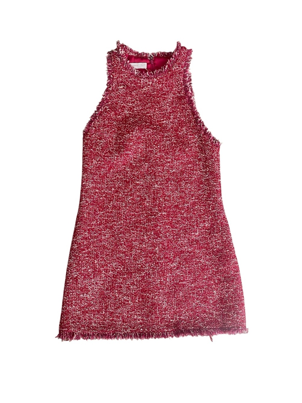 Mango Pink-Red Tweed High-Neck Mini Dress